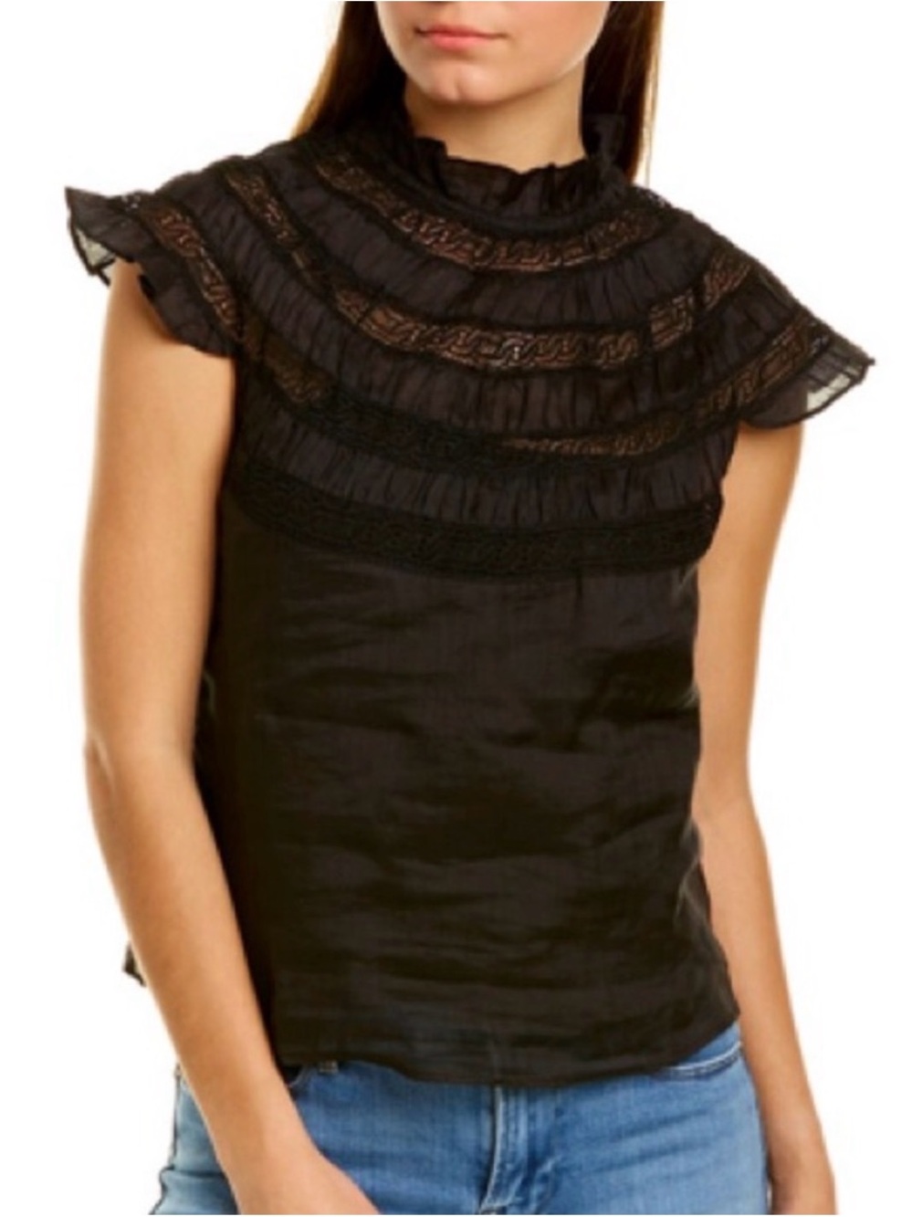 Frame Denim Black Ruffled Lace Yoke Top